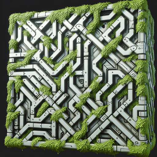 a big metal maze with vines covering it everyware.
Single Game Texture.  In-Game asset.  2d.  Blank background.  High contrast.  No shadows