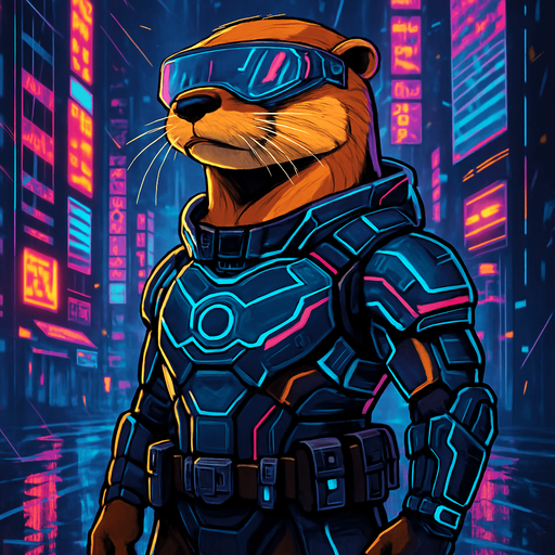 Create a hyper-detailed digital illustration of a sleek, golden-furred otter standing confidently in a neon-lit cyberpunk city at night. The otter wears high-tech armor with glowing blue and magenta circuitry patterns, a visor with holo-display reflections, and a utility belt of futuristic gadgets. Rain slicks the wet street beneath its feet, and towering skyscrapers with animated billboards loom behind. Moody atmosphere, vibrant neon color palette, cinematic lighting, 4K resolution, game-ready character portrait..
In-Game asset.  2d.  High contrast.  No shadows