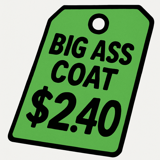 Green Discount price tag that says Big ass coat $2.40.
In-Game asset.  2d.  High contrast.  No shadows