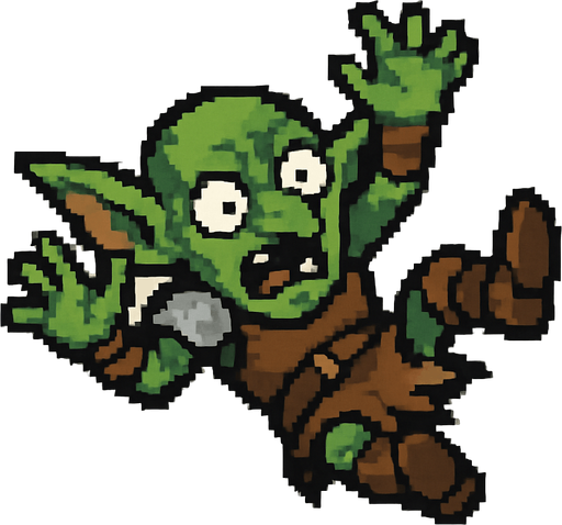 “Pixel art of a goblin falling through the air, viewed from top-down or slightly tilted angle. Arms and legs flailing, expression of surprise or fear, small fantasy armor pieces or tattered clothing. Wind or motion lines optional. Designed as a 2D game sprite, with exaggerated pose for clarity.”.
In-Game asset.  2d.  High contrast.  No shadows