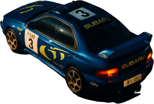 Photorealistic 1990'S Subaru Impreza WRC Rallycar in nightlight, drone topview from back and 45 degrees angle in top right corner