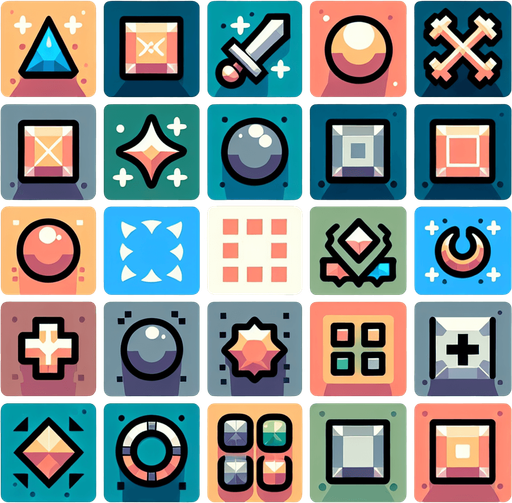 Design a spritesheet for a minimal, hyper-casual 2D mobile game in a flat, 2D illustration style. The spritesheet contains nine square tiles, each defined by a single dominant color and a contrasting, clean frame with subtle shape variations to represent functionalities like damage, magic, or healing. The tiles remain simple and uncluttered, with no symbols or icons inside, emphasizing clarity and modern design. The frames themselves convey purpose through their unique shapes, creating a polished, playful, and approachable aesthetic perfect for vibrant mobile gaming experiences.
Single Game Texture. In-Game asset. 2d. Blank background. High contrast. No shadows.