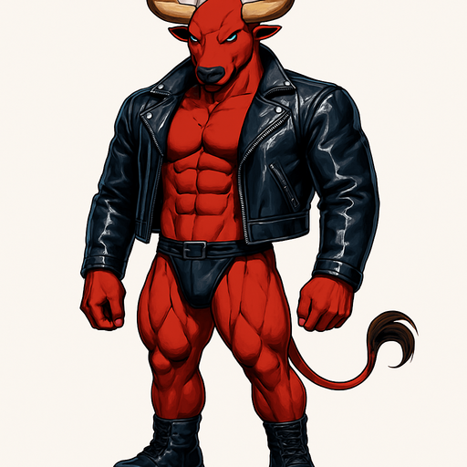 idle animation hunky Minotaur man Cyberpunk manga, minotaur monster hunk, shiny black leather biker jacket longsleeves shirtless muscles, jockstrap combat boots, Background removed, "Full-body character, entirely in frame, no cropping of face, head, or feet" "Complete character visible, from horns to hooves, fully centered in the image" "Entire character, including face and boots, fully within the frame" Character fully contained within a square frame, no edges cut off fashion model idle pose