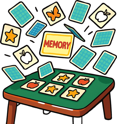 A table with the game Memory on it that got jostled so the card are flying in the air..
In-Game asset.  2d.  High contrast.  No shadows. Cartoon style. 3D image