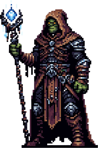 orc mage, leather armor, staff with glowing crystal with freezing power. front facing, arms and legs clearly visible, wearing a hood made of cloth..
Single Game Texture.  In-Game asset.  2d.  Blank background.  High contrast.  No shadows, 16 bit pixel art
