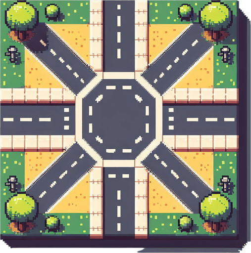 top down view of a big crossroad, pixelart style, from above.
Single Game Texture. In-Game asset. 2d. Blank background. High contrast. No shadows.