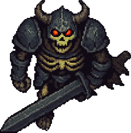 “Top-down 2D pixel art of a massive armored skeleton warrior with glowing red eyes. He holds an enormous two-handed sword, dragging or raising it. The armor is dark, cracked, and ancient, with heavy pauldrons, a horned helmet, and a tattered cape. The skeleton’s bones are thick and yellowed, giving a monstrous undead presence. Viewed directly from above, designed as a boss enemy sprite in a dark fantasy pixel art game.”.
In-Game asset.  2d.  High contrast.  No shadows