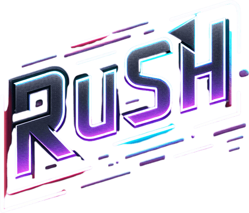 Gray Cyber neon lit logo of the word Rush.
Single Game Texture. In-Game asset. 2d. Blank background. High contrast. No shadows.