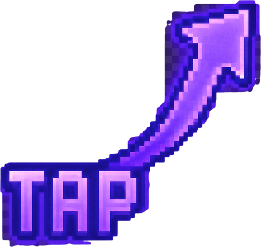 A pixel art arrow starting from a glowing "TAP" label in retro pixel font, pointing diagonally from the bottom right toward the upper left, as if guiding the player to tap that area. The arrow is sleek, with a smooth curve or angled segments, styled in purple or violet neon tones with a soft glow effect. The design matches a lo-fi rhythm game aesthetic. The "TAP" label is positioned at the tail of the arrow and glows subtly. No background — transparent..
In-Game asset.  2d.  High contrast.  No shadows