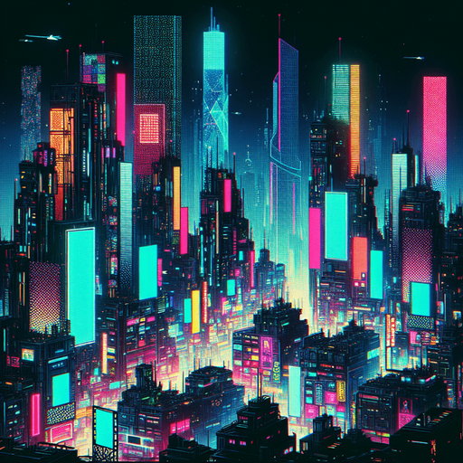 Cyberpunk landscape.
Single Game Texture.  In-Game asset.  2d.  Blank background.  High contrast.  No shadows