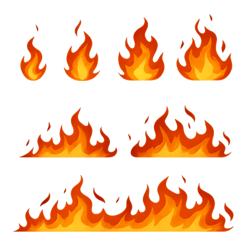 sprite sheet containing 2D fire spread horizontally.
In-Game asset.  2d.  High contrast.  No shadows