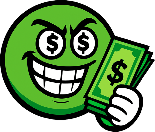 A rich, greedy green ball has a wad of cash in his hand.
In-Game asset.  High contrast.  No shadows