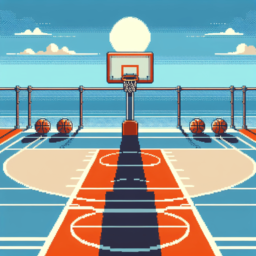 background of a basketball court seen from the perspective of a player. pixelated. 8 bit.
Single Game Texture. In-Game asset. 2d. Blank background. High contrast. No shadows.