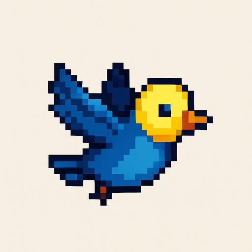 pxel art sarı kafalı mavi uçar pozisyonda bir kuş.
Single Game Texture. In-Game asset. 2d. Blank background. High contrast. No shadows.