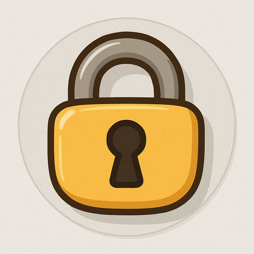 A small, flat 2D padlock icon designed for mobile games. The lock should be cartoon-style with a rounded body, thick outline, and a keyhole in the center. Use soft shadows and a slight 3D effect. The color should be golden yellow or metallic gray, clearly visible when placed over a flag. The icon must have a transparent rounded background and be suitable for overlaying on a world map UI in a kids’ adventure game..
In-Game asset.  2d.  High contrast.  No shadows