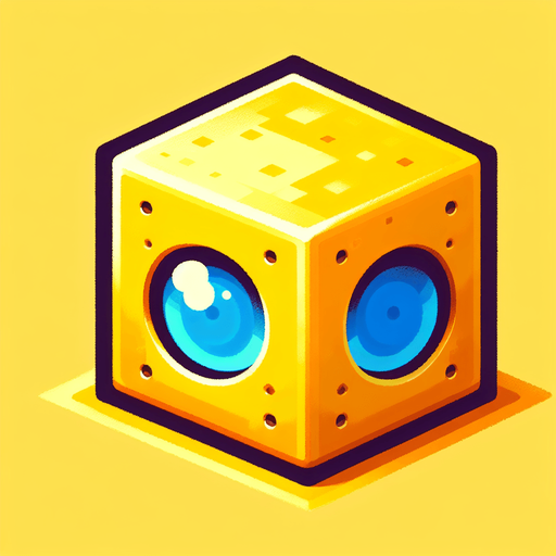 yellow cube with blue eyes.
Single Game Texture. In-Game asset. 2d. Blank background. High contrast. No shadows.