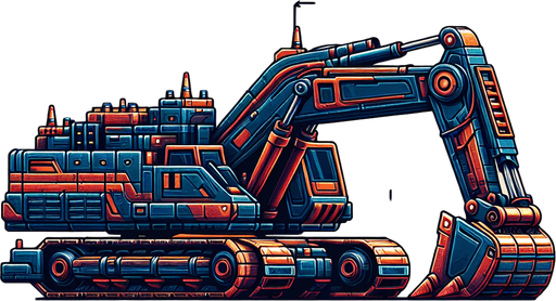 Excavator with 2d tender rockets.
Single Game Texture.  In-Game asset.  2d.  Blank background.  High contrast.  No shadows