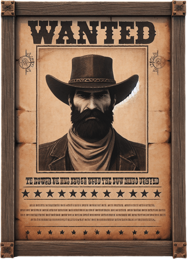 western wanted poster.
Single Game Texture. In-Game asset. 2d. Blank background. High contrast. No shadows.