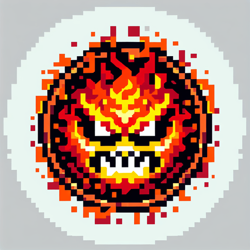 yuzu olan kizqin bir ates topu sinirli yakici ve pixelart.
Single Game Texture.  In-Game asset.  2d.  Blank background.  High contrast.  No shadows