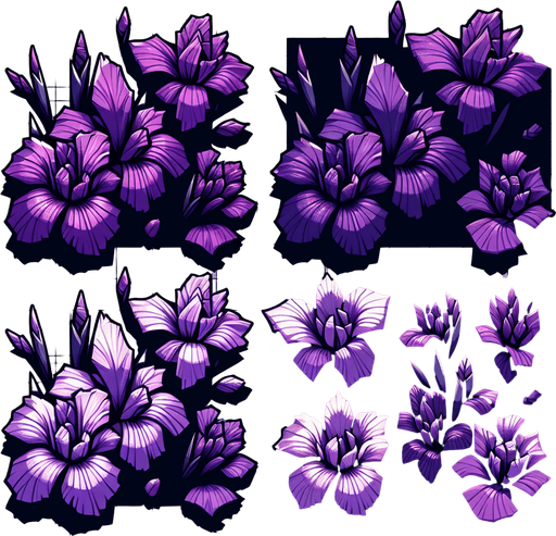 A sprite sheet of different purple iris seen from above. Cartoon. All similar size. Just the blossom. Bold colors and shading. 
Single Game Texture. In-Game asset. 2d. Blank background. High contrast. No shadows.