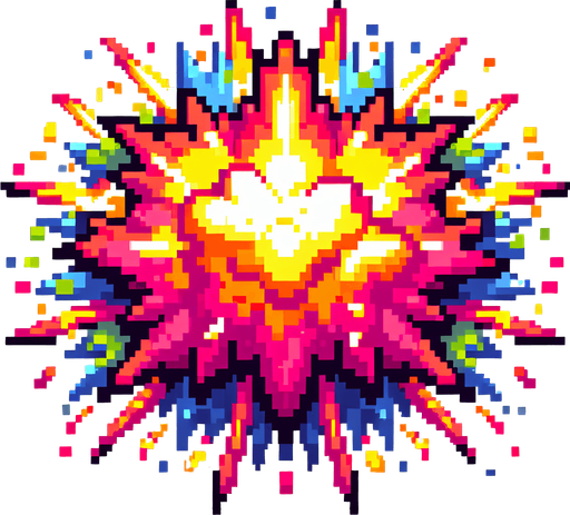 a cartoon explosion. pixel art style..
Single Game Texture. In-Game asset. 2d. Blank background. High contrast. No shadows.