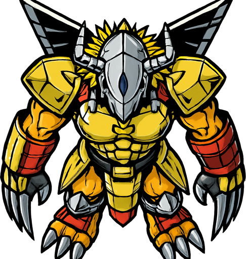 Wargreymon, visto desde arriba, detalles muy altos, sin errores idéntico.
In-Game asset.  2d.  High contrast.  No shadows