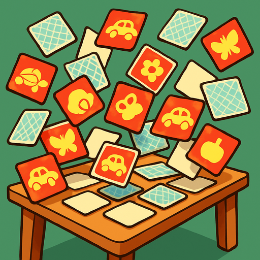 A table with the game Memory on it that got jostled so the card are flying in the air..
In-Game asset.  2d.  High contrast.  No shadows. Cartoon style. 3D image