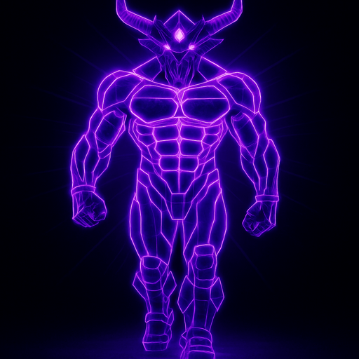 bare segmented neon cyberpunk pecs abs muscles robot monster hunk Neon cyberpunk 3d hologram corporate occult demon android mecha robot sentinel guard soldier machine monster fully in frame no part cut off no background anime futuristic Background removed, "Full-body character, entirely in frame, no cropping of face, head, or feet" "Complete character visible, from head to toe, fully centered in the image" "Entire character, including face and boots, fully within the frame" Character fully contained within a square frame, no edges cut off horns through boots Walking animation forward