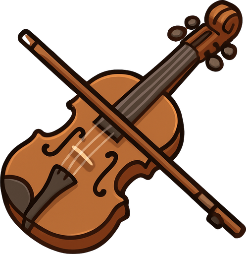 A cartoon-style 2D illustration of a traditional fiddle (similar to a violin) with a bow placed beside or over it. The fiddle should have a warm brown wooden body with visible f-holes, four strings, and tuning pegs. Add soft shadows, rounded edges, and a clean outline. The overall style should feel friendly and suitable for mobile games. Export the image as a transparent rounded brown background PNG, usable as a clickable icon in a music quiz game..
In-Game asset.  2d.  High contrast.  No shadows