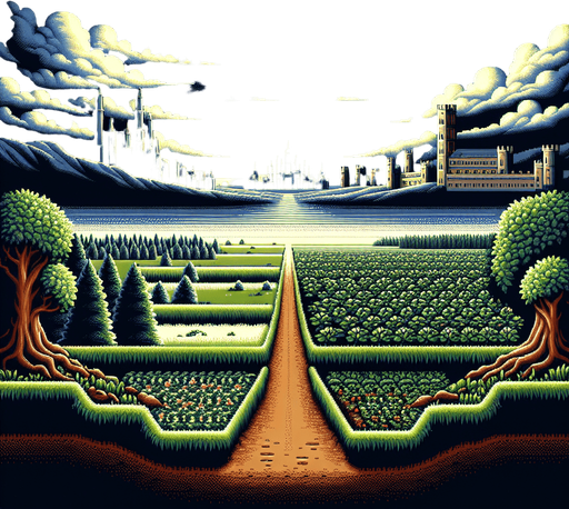 2d classic landscape. night sky .horizontaly soil surface road.  far distance meadow wit dark green meadow and epic medieval city.
Single Game Texture.  In-Game asset.  2d.