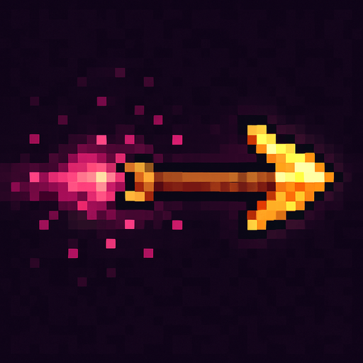 An icon of a glowing wooden arrow from a bow trailing pink particles. Pixel art..
In-Game asset.  2d.  High contrast.  No shadows