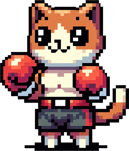 a cute anthropomorphic cat wearing boxing shorts and boxing gloves, pixel art
Single Game Texture. In-Game asset. 2d. Blank background. High contrast. No shadows.