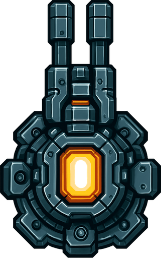 2D top-down view sci-fi laser turret, mounted on a rotating base, glowing energy cell, detailed mechanical parts, metallic finish, compact and powerful look, pixel art or vector style, no background.
In-Game asset.  2d.  High contrast.  No shadows