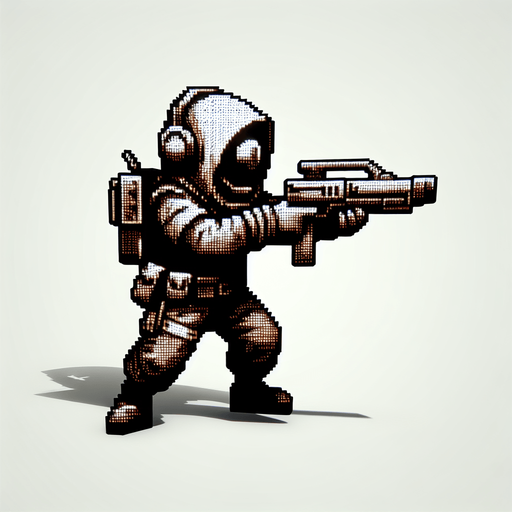 character with vaccum gun aiming front
  In-Game asset..
Single Game Texture.  In-Game asset.  2d.  Blank background.  High contrast.  No shadows