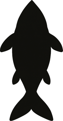 The dark shadow  silhouette of a fish. Top down view.
In-Game asset.  2d.  High contrast.  No shadows