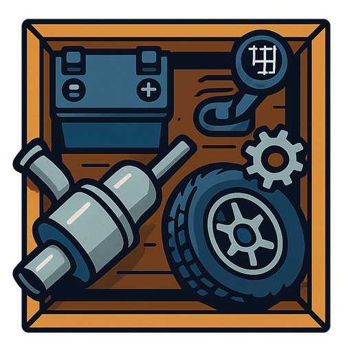 Car parts in crate top down.
In-Game asset.  2d.  High contrast.  No shadows