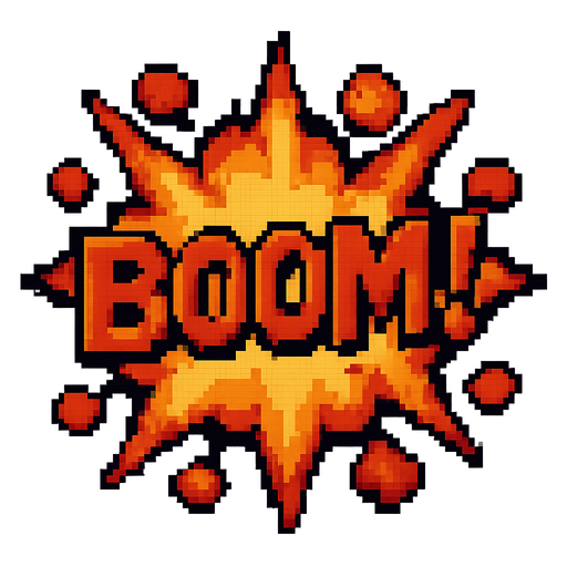 A Boom! explosion, pixel retro style.
In-Game asset.  2d.  High contrast.  No shadows