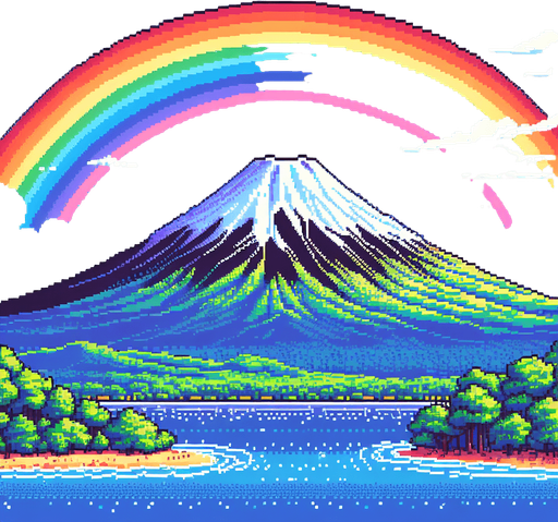 A Mount fuji background with a big rainbow crossing from side to side in the sky, pixel style, colourful.
Single Game Texture.  In-Game asset.  2d.  Blank background.  High contrast.  No shadows
