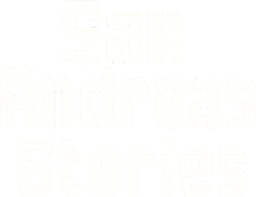 letras que dicen san andreas stories blancas hechas con pixeles.
In-Game asset.  2d.  High contrast.  No shadows