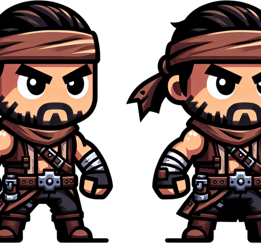 chibi anger bulk and bold guy tomb raider bandit.
Single Game Texture.  In-Game asset.  2d.  Blank background.  High contrast.  No shadows