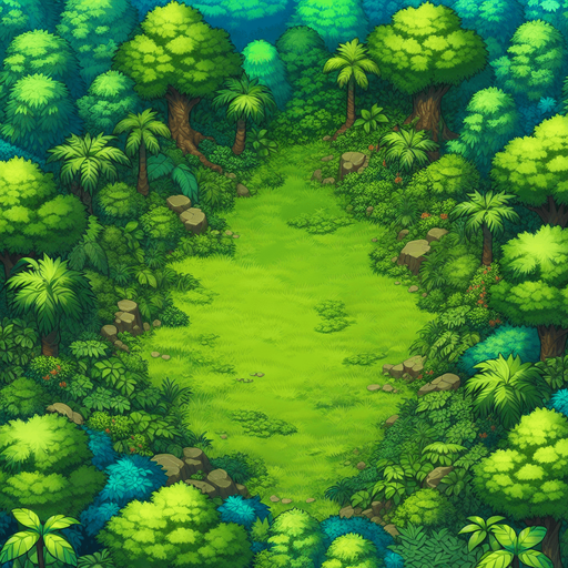 It's a 2D planar background. It's a jungle with green grass growing all over the ground and thick forests surrounding it..
Single Game Texture. In-Game asset. 2d. Blank background. High contrast. No shadows.