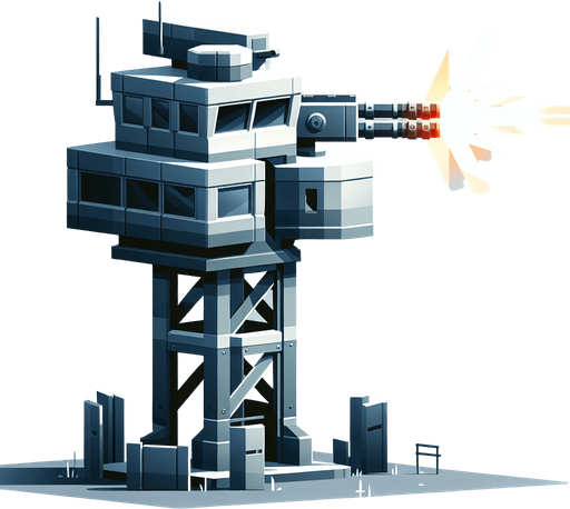 A tower shooting at enemy in a modern style Single Game Texture. In-Game asset. 2d. Blank background. High contrast. No shadows.