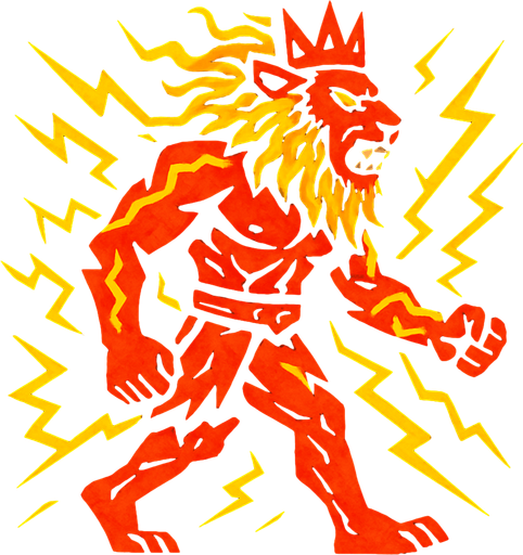 aslan ve insan karışımı yıldırımla kaplı bir canavar kralı sağdan sola yürüyen.
In-Game asset.  2d.  High contrast.  No shadows