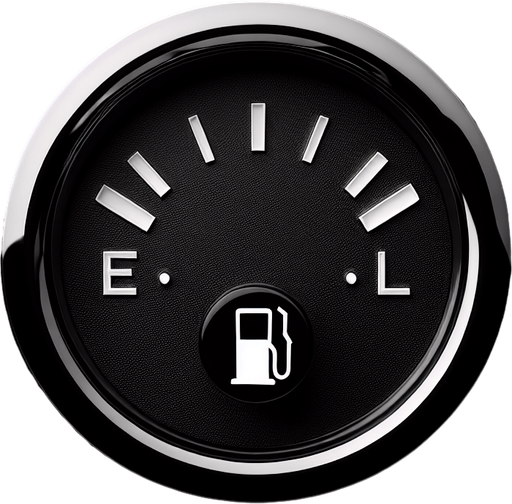 Black fuelindicator no-gauge, with chrome round frame, white levelindicators, front view.