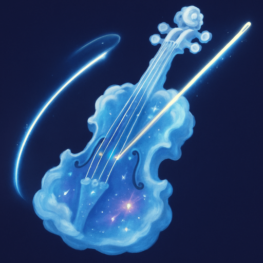 Un violín que parece estar esculpido en nubes etéreas o cristal de éter, con un brillo suave. El arco es un haz de luz pura que deja un rastro luminoso al moverse. Las cuerdas son finos hilos de energía que brillan con diferentes colores, y el cuerpo del violín podría tener constelaciones o nebulosas incrustadas..
In-Game asset.  2d.  High contrast.  No shadows