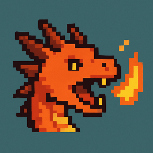 A small pixel art dragon head viewed from the side, mouth slightly open as if letting out a small roar. Glowing embers or a little flame is coming out of its mouth to symbolize that sound is on. The style is cute and retro, matching a fantasy-themed 2D game UI icon..
In-Game asset.  2d.  High contrast.  No shadows. pixel art. side view. cute. fantasy. retro. flame. icon. dragon