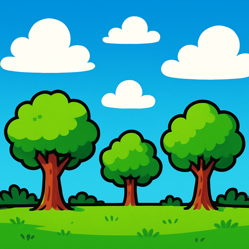 Fondo 2D con cielos y Arboles con cesped.
In-Game asset.  2d.  High contrast.  No shadows
