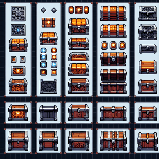 Create a sprite sheet featuring various components of a open chest, incorporating dungeon design elements. The design should include top-down views of dungeon chest. Each part should be distinct, with a cohesive color scheme of wood upholstery, dark orange and silver, accented by glowing lights for a fantasy look. The style should be detailed pixel art, reminiscent of classic 32-bit era video games, with glowing lights serving as style guides. Arrange the components on a dark background, with each part neatly aligned in rows and columns for easy identification and use in game development..
Single Game Texture. In-Game asset. 2d. Blank background. High contrast. No shadows.