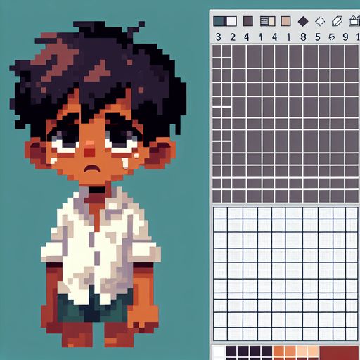 a boy who is lost and sad, now background and only a few pixels.
Single Game Texture. In-Game asset. 2d. Blank background. blocky contrast. round shadows.