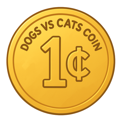 A golden shining coin with the words “dogs vs cats coin” at the top and the coin says “1¢” . No background. Transparent background. Blank background. No shadows. 2d. In-Game asset. flat